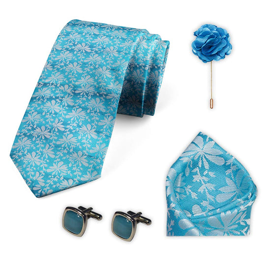 AXLON Men's Micro Polyester Casual Formal Floral Printed Design Necktie Set with Pocket Square, Brooch Pin and Cufflinks (Free Size)