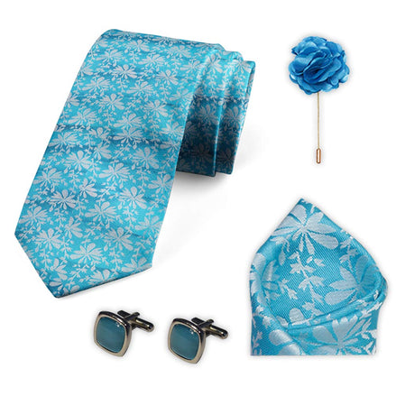 AXLON Men's Micro Polyester Casual Formal Floral Printed Design Necktie Set with Pocket Square, Brooch Pin and Cufflinks (Free Size)