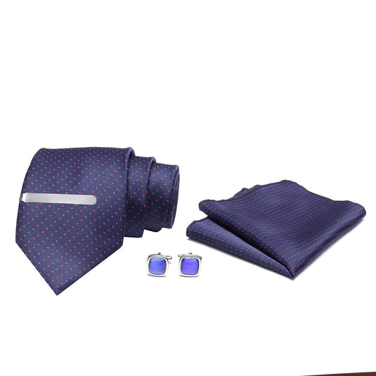 AXLON DT003 Men's Necktie Set with Micro Polyester Silk Tie, Clip, Pocket Square and Cufflinks Formal Tie Set (Set of 5, Blue)