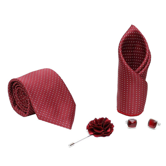 AXLON Men Formal/Casual Jacquard Neck Tie Pocket Square Accessory Gift Set with Cufflinks and Brooch Pin - Maroon (Free Size)