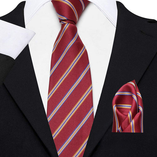 AXLON Men's Micro Polyester Stripped Necktie Set with Pocket Square, Brooch Pin and Cufflinks (Red, Free Size)