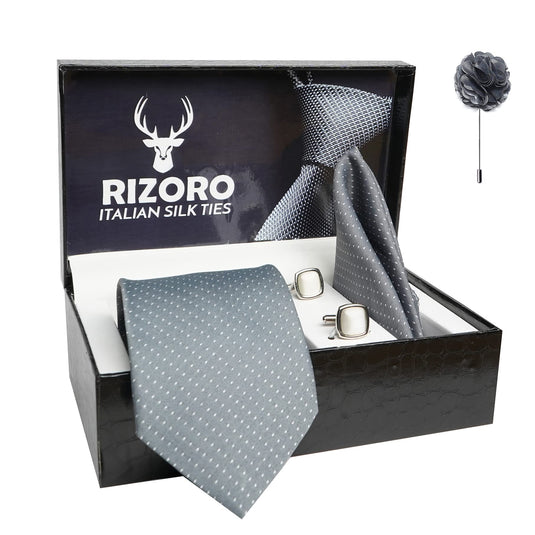 AXLONMens Plaid Dotted Silk Necktie Gift Set With Pocket Square Cufflinks & Brooch Pin Formal Tie With Leatherite Box (D1RX Free Size) | (Leather Gift Box) (Pack of 4)