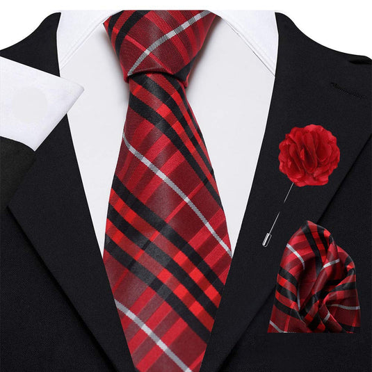 Axlon Men's Micro Polyester Checkered Necktie Set with Pocket Square and Brooch Pin (Red , Free Size)