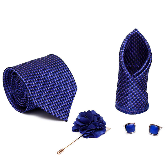 Axlon Men Formal/Casual Jacquard Neck Tie Pocket Square Accessory Gift Set with Cufflinks and Brooch Pin - Navy Blue (Free Size)