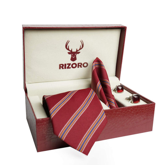 RIZORO Mens Plaid Stripped Silk Necktie Tie Gift Set With Pocket Square, Cufflinks & Brooch Pin Formal Tie With Leatherite Box (Deep Red, S5DRRB, Free Size)