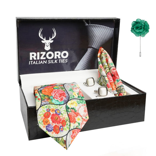 RIZORO Mens Plaid Boho Printed Silk Necktie Gift Set With Pocket Square Cufflinks & Brooch Pin Formal Tie With Leatherite Box (BOHORX Free Size) | (Leather Gift Box) (Pack of 4)