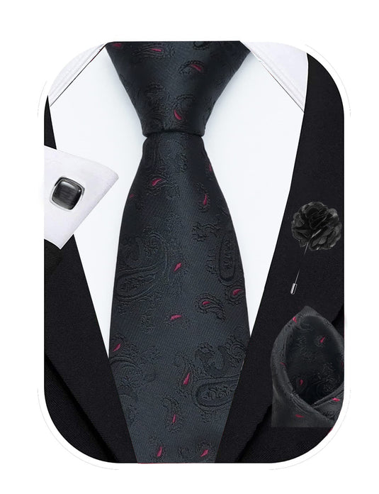 Axlon Men's Paisley Micro Wooven Silk Necktie Gift Set With Pocket Square Cufflinks & Brooch Pin Tie for Men Formal Tie Set with Box (Pack of 4) (AX11_2, Black)