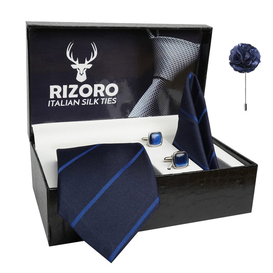 RIZORO Mens Plaid Stripped Silk Necktie Gift Set With Pocket Square Cufflinks & Brooch Pin Formal Tie With Leatherite Box (S2RX Free Size) | (Leather Gift Box) (Pack of 4)