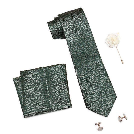 AXLONFormal/Casual Printed Polyester Necktie Set with Pocket Square, Brooch Pin and Cufflinks for Men (Free Size, Grey)