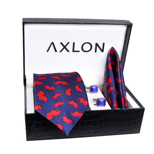 Axlon Men Formal/Casual Printed Satin Neck Tie Pocket Square Accessory Gift Set with Cufflinks and Brooch Pin - Blue (Free Size, ltr_819)