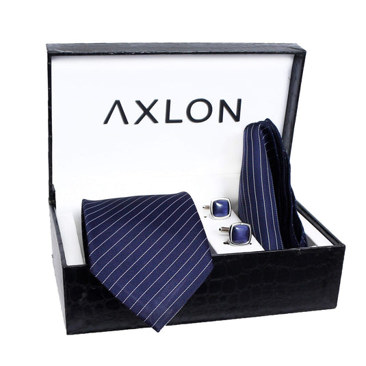 Axlon Men Formal/Casual Weaved Polyester Neck Tie Pocket Square Accessory Gift Set with Cufflinks and Brooch Pin - Blue (Free Size, ltr_800)