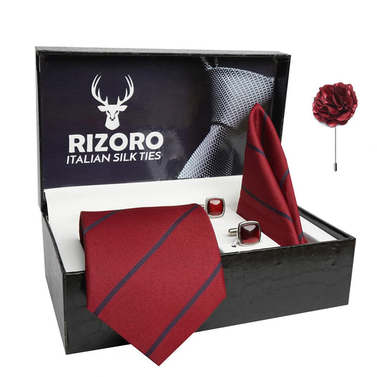 RIZORO Mens Plaid Stripped Silk Necktie Gift Set With Pocket Square Cufflinks & Brooch Pin Formal Tie With Leatherite Box (S2RX Free Size) | (Leather Gift Box) (Pack of 4)