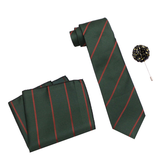 Axlon Men's Polyester Necktie Set with Pocket Square, Brooch Pin and Cufflinks (Free Size, Dark Green)