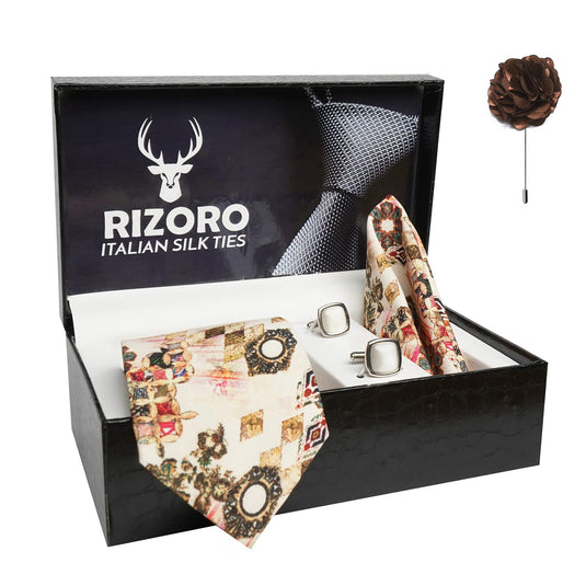 RIZORO Mens Plaid Boho Printed Silk Necktie Gift Set With Pocket Square Cufflinks & Brooch Pin Formal Tie With Leatherite Box (BOHORX Free Size) | (Leather Gift Box) (Pack of 4)