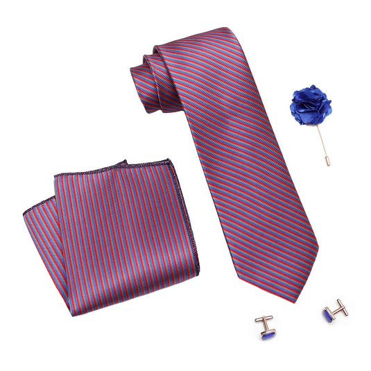 AXLON Formal/Casual Printed Polyester Necktie Set with Pocket Square, Brooch Pin and Cufflinks for Men (Free Size, Red/Blue)