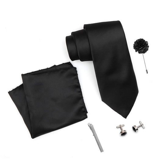 AXLON Mens Plaid Micro Self Silk Solid Black Necktie Gift Set With Pocket Square Cufflinks Brooch Pin Men Tie Clip Formal Tie With Wooden Box For Gifting (RW_44, Free Size)