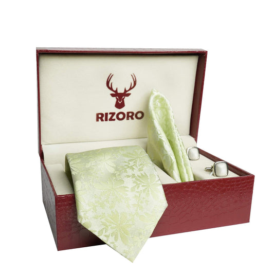 RIZORO Mens Plaid Pasiley Silk Necktie Tie Gift Set With Pocket Square, Cufflinks & Brooch Pin Formal Tie With Leatherite Box (PUNRB, Free Size)