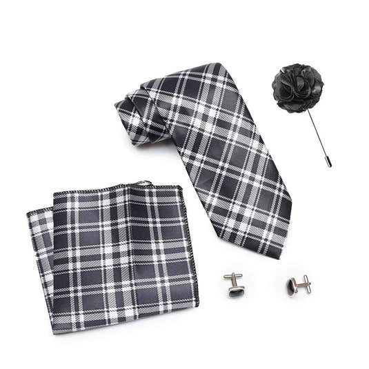 Axlon Men's Micro Polyester Checkered Necktie Set with Pocket Square and Brooch Pin (Black , Free Size)