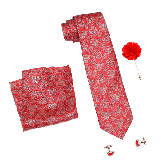 AXLONMen's Micro Polyester Necktie Set with Pocket Square, Brooch Pin and Cufflinks (Red, Free Size)