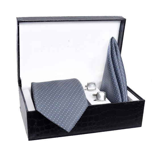 AXLON Men's Silk and Cotton Necktie with Pocket Square and Cufflinks (Grey, Free Size)