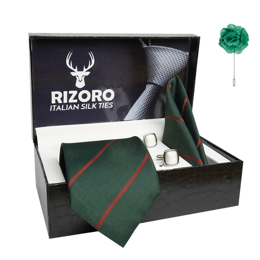 RIZORO Mens Plaid Stripped Silk Necktie Gift Set With Pocket Square Cufflinks & Brooch Pin Formal Tie With Leatherite Box (S2RX Free Size) | (Leather Gift Box) (Pack of 4)