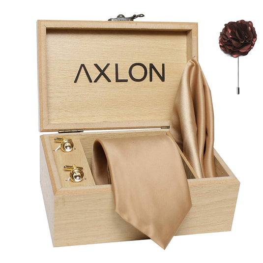 Axlon Men's Micro Polyester Plain Necktie Set with Pocket Square, Brooch Pin and Cufflinks Gift Box (Golden, Free Size)