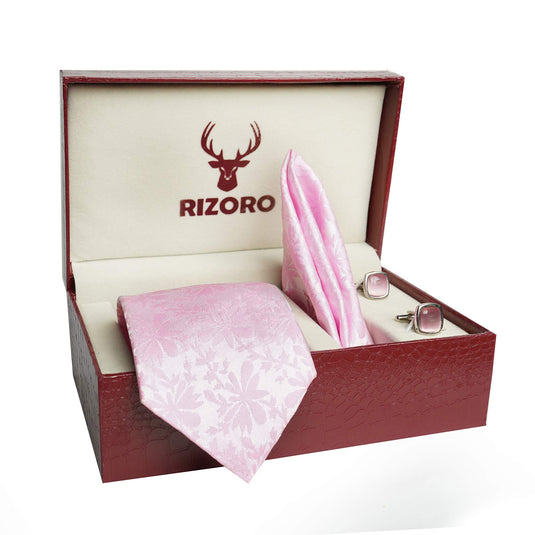 RIZORO Mens Plaid Pasiley Silk Necktie Tie Gift Set With Pocket Square, Cufflinks & Brooch Pin Formal Tie With Leatherite Box (PUNRB, Free Size)