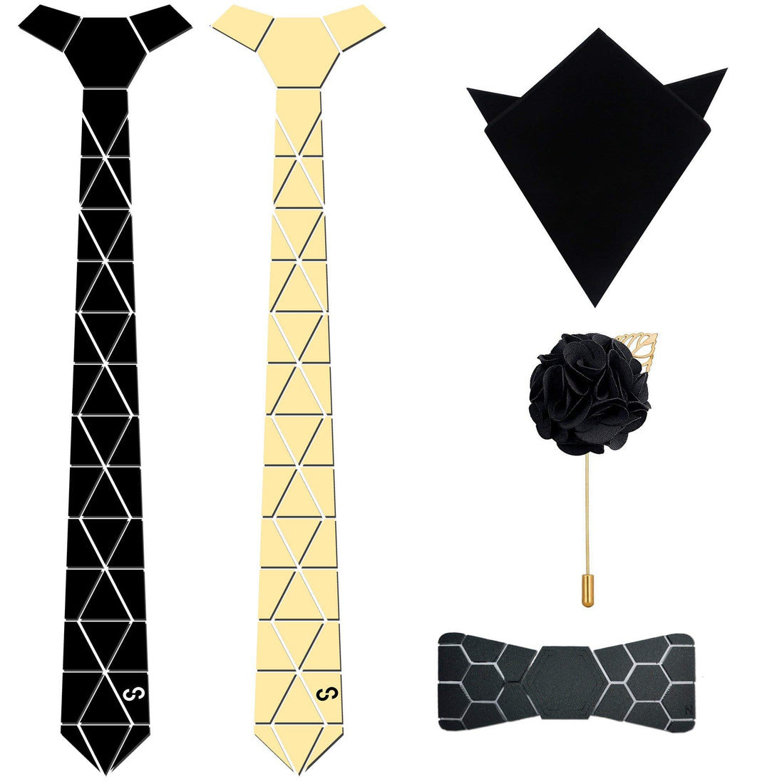 Axlon Mirror Pre Tied Reversible Mettalic Mirror Tie Pocket Square and Brooch Pin Bow Tie for Men - Diamond Cut (Free Size, Golden Black)