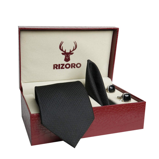 RIZORO Mens Plaid Micro Self Silk Necktie Tie Gift Set With Pocket Square, Cufflinks & Brooch Pin Formal Tie With Leatherite Box (SIDIRB, Free Size)