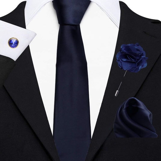 Axlon Men's Micro Polyester Plain Necktie Set with Pocket Square, Brooch Pin and Cufflinks (Blue, Free Size)