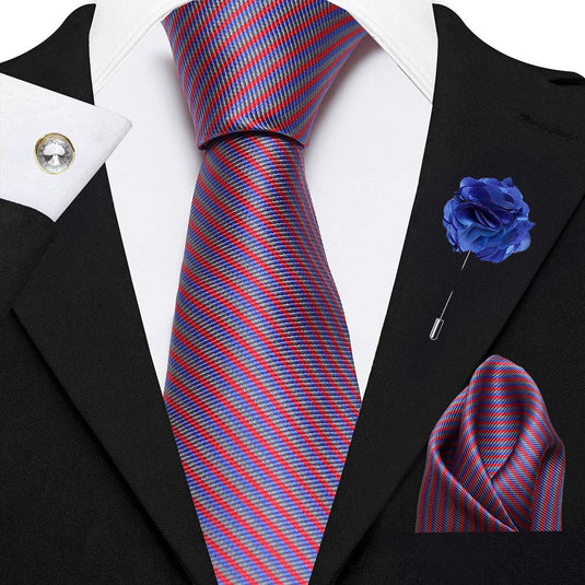 AXLONMen's Micro Polyester Striped Necktie Set with Pocket Square and Brooch Pin (Red , Free Size)