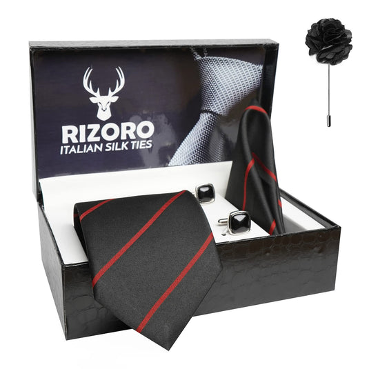 RIZORO Mens Plaid Stripped Silk Necktie Gift Set With Pocket Square Cufflinks & Brooch Pin Formal Tie With Leatherite Box (S2RX Free Size) | (Leather Gift Box) (Pack of 4)