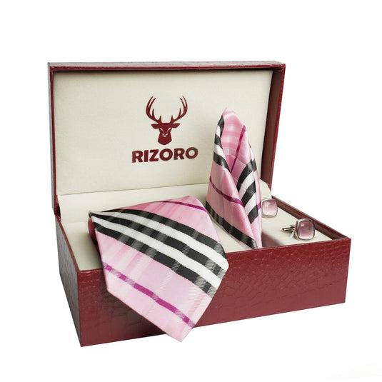 RIZORO Mens Plaid Checkered Silk Necktie Tie Gift Set With Pocket Square, Cufflinks & Brooch Pin Formal Tie With Leatherite Box (BURRB, Free Size)