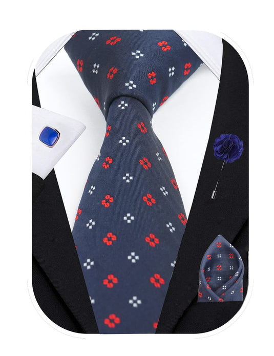 RIZORO Mens Plaid Dotted Silk Necktie Gift Set With Pocket Square Cufflinks & Brooch Pin Formal Tie With Leatherite Box (4D3RX Free Size) | (Leather Gift Box) (Pack of 4)