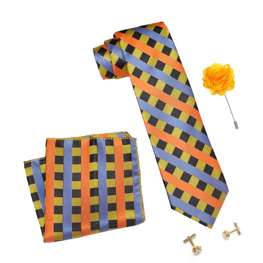 Axlon Men's Micro Polyester Stripped Necktie Set with Pocket Square, Brooch Pin and Cufflinks (Multicolour, Free Size)