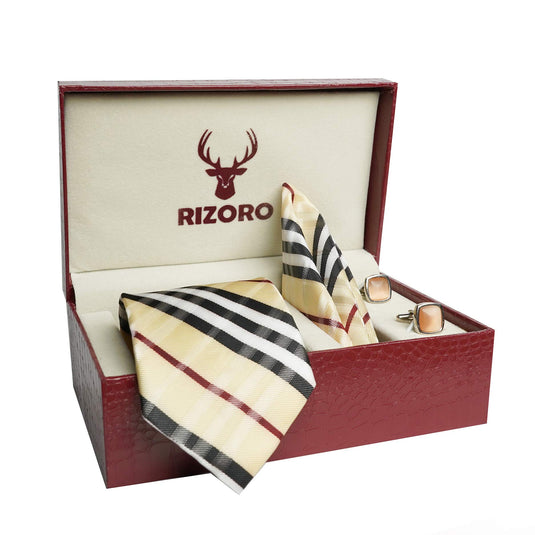 RIZORO Mens Plaid Checkered Silk Necktie Tie Gift Set With Pocket Square, Cufflinks & Brooch Pin Formal Tie With Leatherite Box (BURRB, Free Size)