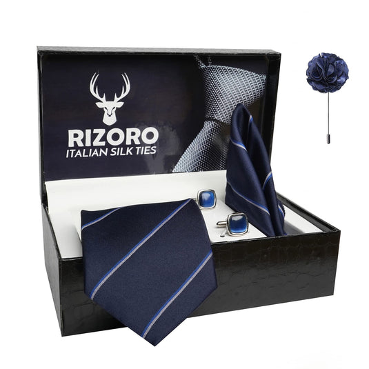 RIZORO Mens Plaid Stripped Silk Necktie Gift Set With Pocket Square Cufflinks & Brooch Pin Formal Tie With Leatherite Box (S4RX Free Size) | (Leather Gift Box) (Pack of 4)