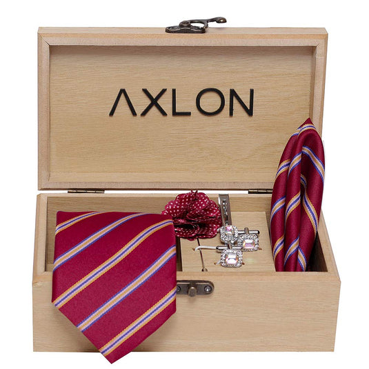 Axlon Men's Micro Polyester Necktie Set with Pocket Square, Brooch Pin and Cufflinks (Magenta, Free Size)