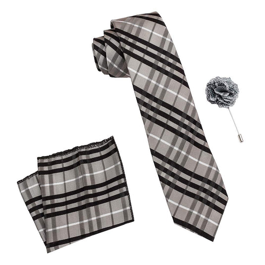 Axlon Men's Micro Polyester Checkered Necktie Set with Pocket Square and Brooch Pin (Grey , Free Size)