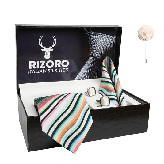 RIZORO Mens Plaid Boho Printed Silk Necktie Gift Set With Pocket Square Cufflinks & Brooch Pin Formal Tie With Leatherite Box (BOHORX Free Size) | (Leather Gift Box) (Pack of 4)