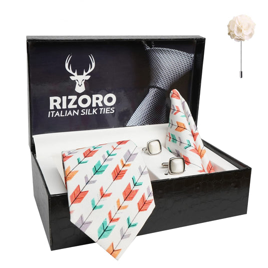 RIZORO Mens Plaid Boho Printed Silk Necktie Gift Set With Pocket Square Cufflinks & Brooch Pin Formal Tie With Leatherite Box (BOHORX Free Size) | (Leather Gift Box) (Pack of 4)