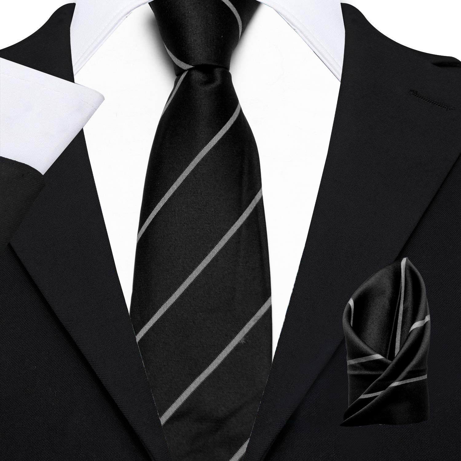 AXLOON Men's Micro Polyester Striped Necktie Set with Pocket Square and Brooch Pin (Black , Free Size)