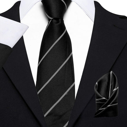 AXLOON Men's Micro Polyester Striped Necktie Set with Pocket Square and Brooch Pin (Black , Free Size)