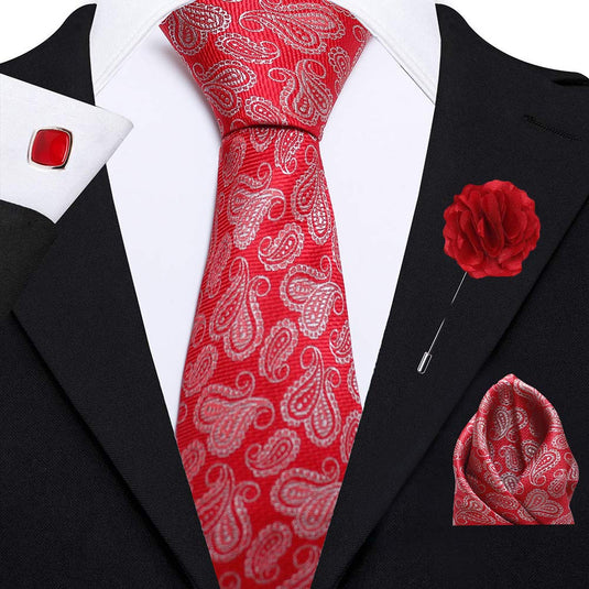 AXLONMen's Micro Polyester Necktie Set with Pocket Square, Brooch Pin and Cufflinks (Red, Free Size)