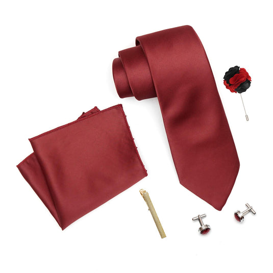 RIZORO Mens Plaid Micro Self Silk Solid Maroon Necktie Gift Set With Pocket Square Cufflinks Brooch Pin Men Tie Clip Formal Tie With Wooden Box For Gifting (RW_47, Free Size)