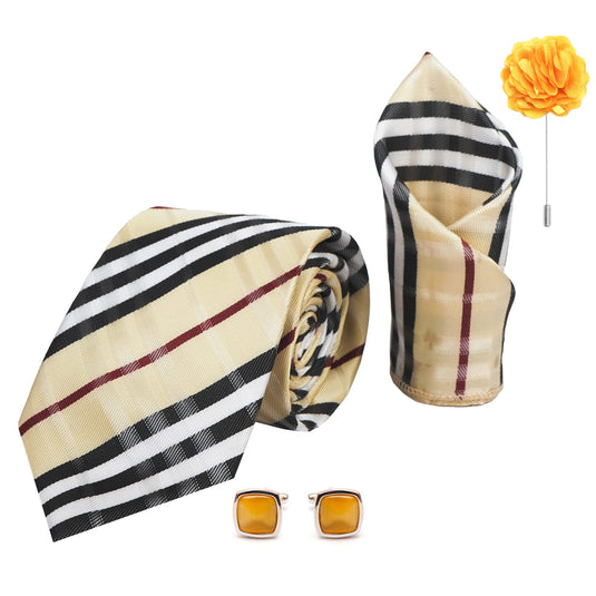 RIZORO Mens Plaid Checkered Silk Necktie Gift Set With Pocket Square Cufflinks & Brooch Pin Formal Tie With Leatherite Box (Beige BURXGRX Free Size)