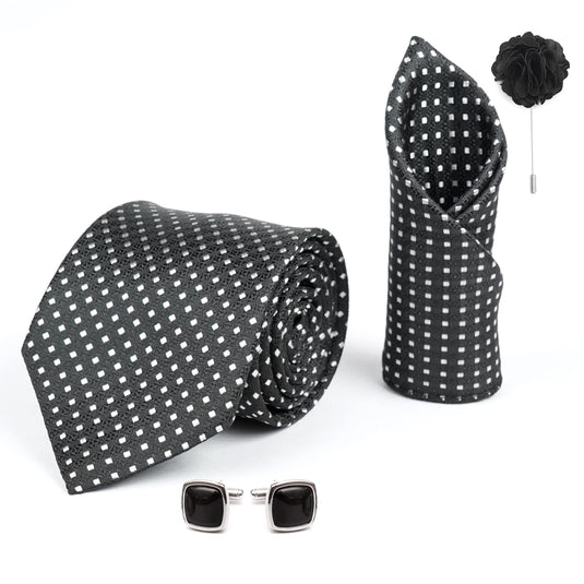 AXLON Mens Plaid Dotted Silk Necktie Gift Set With Pocket Square Cufflinks & Brooch Pin Tie For Men Formal With Leatherite Box (A11RX Free Size) | (Leather Gift Box) (Pack of 4)