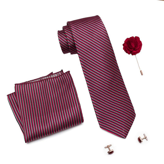 AXLON Formal/Casual Printed Polyester Necktie Set with Pocket Square, Brooch Pin and Cufflinks for Men (Free Size, Red)