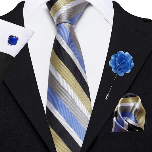 AXLON Men's Micro Polyester Striped Necktie Set with Pocket Square and Brooch Pin (Blue , Free Size)