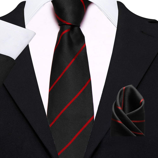 Axlon Men's Micro Polyester Striped Necktie Set with Pocket Square and Brooch Pin (Black , Free Size)